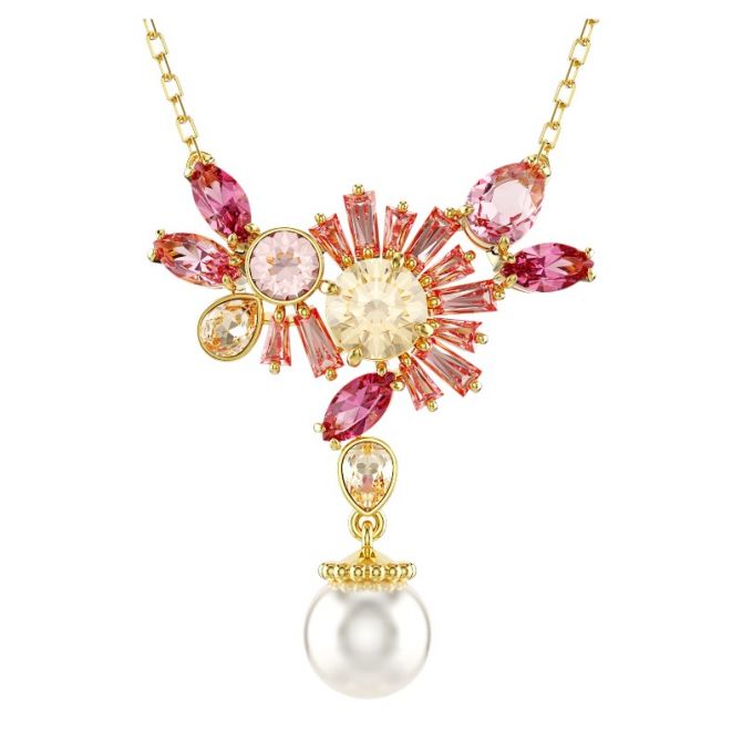 Swarovski Gema Crystal Pearl and Flower Mixed Cuts Pendant Necklace, Pink and Gold Tone Plated