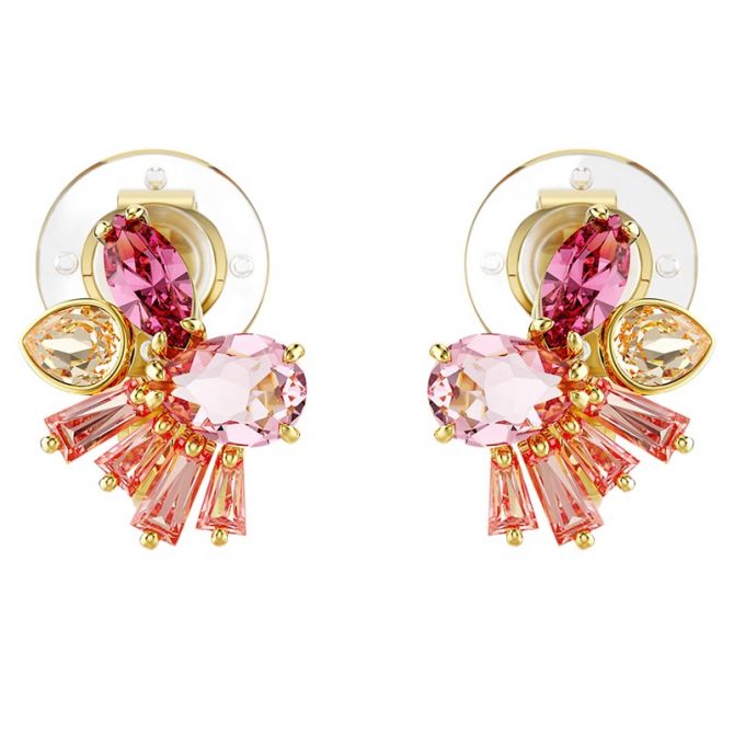 Swarovski Gema Mixed Cuts Flower Clip Earrings, Pink and Gold Tone Plated