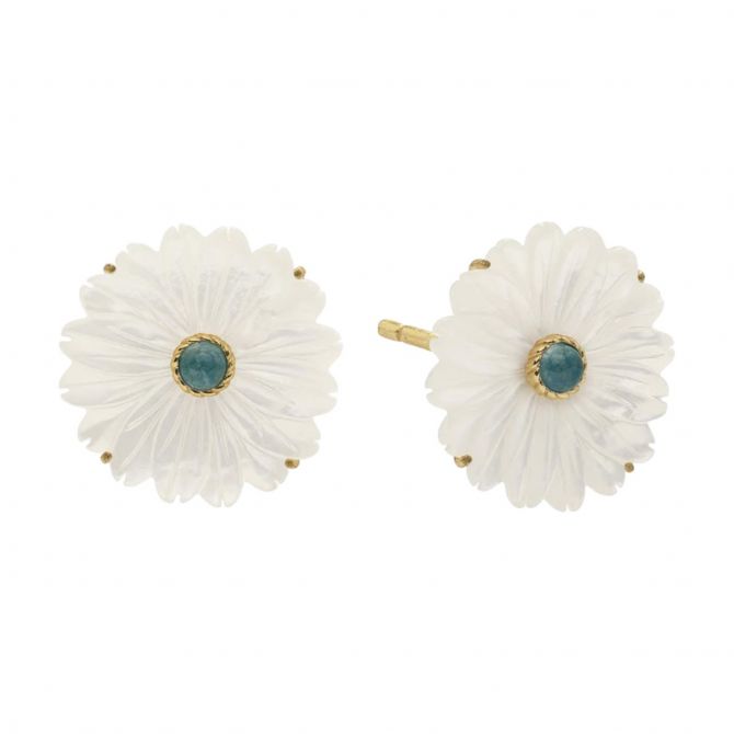 Capucine De Wulf Mermaid Garden Flower Stud Eaerrings, Mother of Pearl and Ocean Jade