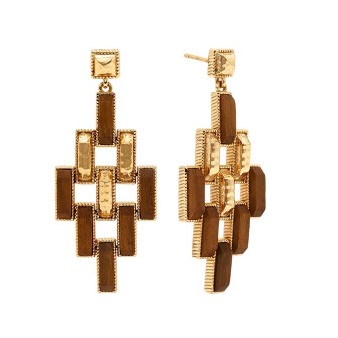 Capucine De Wulf Pathway Post Drop Earrings, Yellow Gold Plated and Teakwood