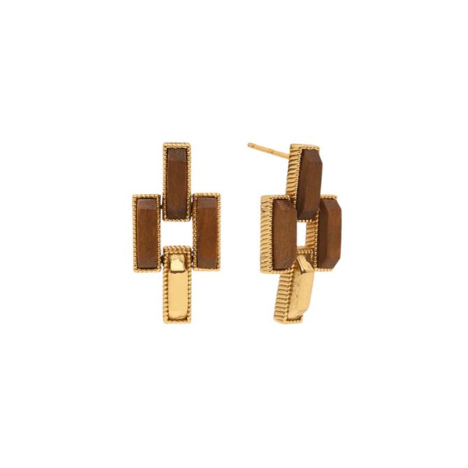 Capucine De Wulf Pathway Post Small Link Earrings, Yellow Gold Plated and Teakwood