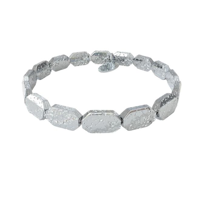 &Livy Silver Rectangular Hammered Creda Beaded Stretch Bracelet