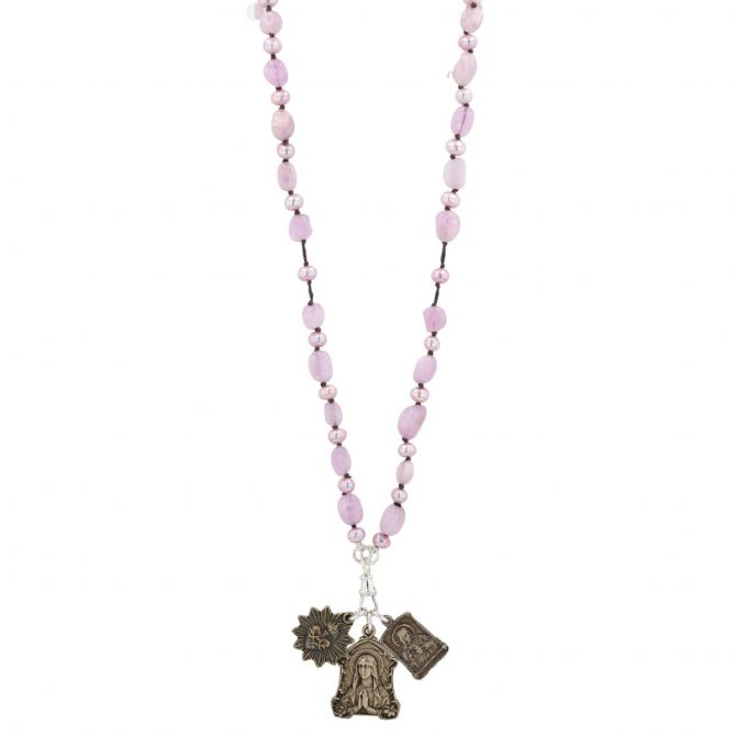 Kunzite and Pink Pearl Rosary Necklace