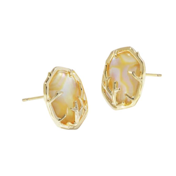 Kendra Scott Daphne Yellow Gold Tone Frame Stud Earrings in Iridescent Abalone Coral