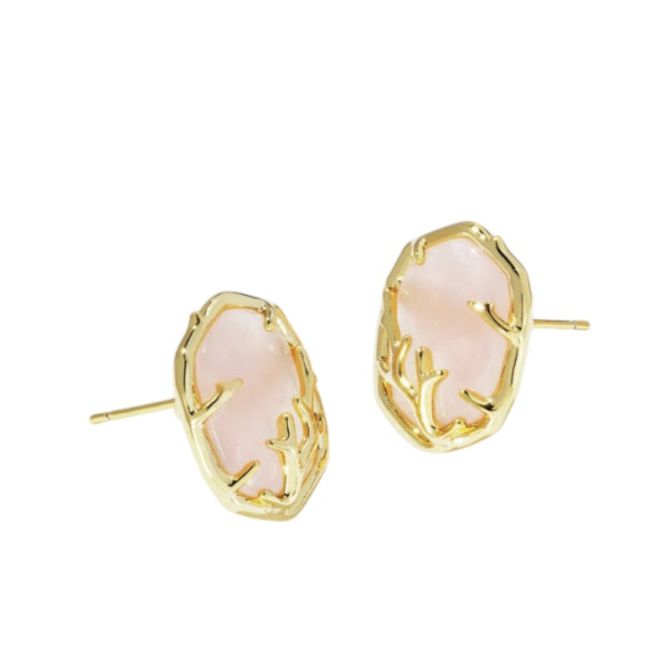 Kendra Scott Daphne Yellow Gold Tone Frame Stud Earrings in Rose Quartz Coral