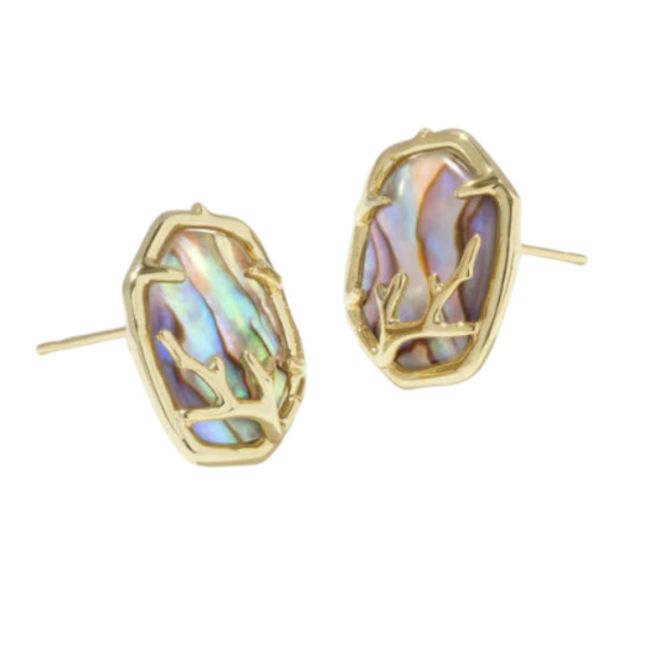 Kendra Scott Daphne Yellow Gold Tone Frame Stud Earrings in Abalone Coral