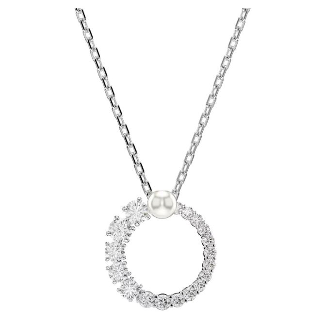 Swarovski Matrix Round Crystal Pearl Round Cut Pendant Necklace, White and Rhodium Plated