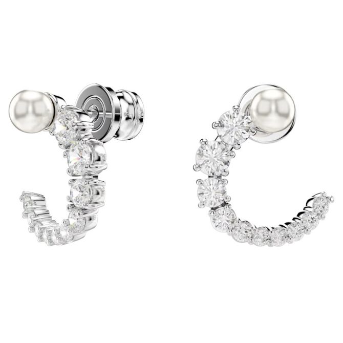 Swarovski Matrix Crystal Pearl Round Cut Hoop Earrings, White and Rhodium Plated