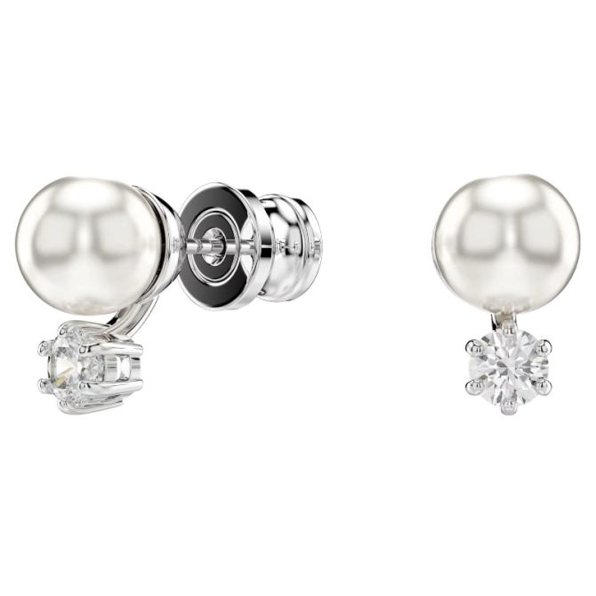 Swarovski Matrix Crystal Pearl Round Cut Stud Earrings, White and Rhodium Plated