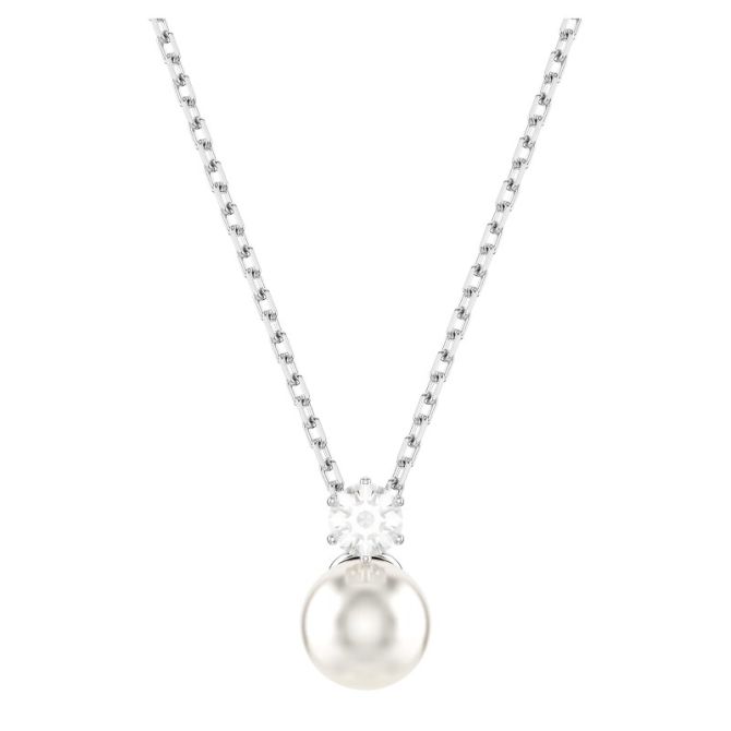 Swarovski Matrix Crystal Pearl Round Cut Pendant Necklace, White and Rhodium Plated