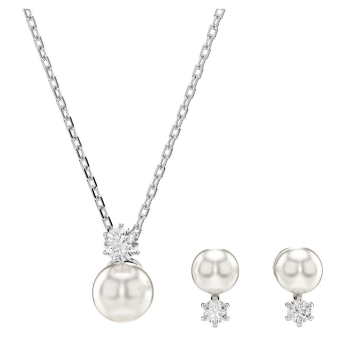 Swarovski Matrix Crystal Pearl Round Cut Necklace and Earring Set, White and Rhodium Plated