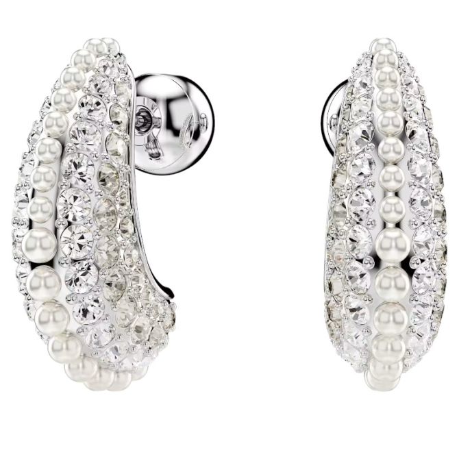 Swarovski Sublima Crystal Pearl Small Round Cut Drop Earrings, White and Rhodium Plated