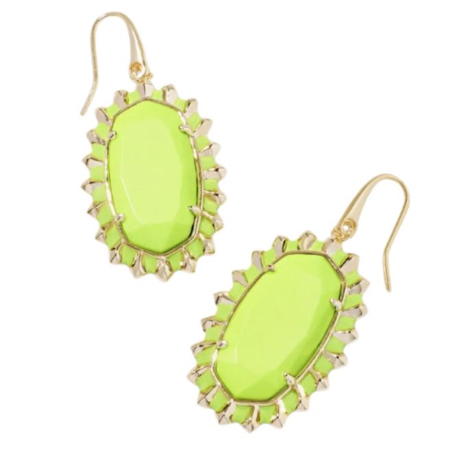 Kendra Scott Dani Yellow Gold Tone Color Burst Frame Drop Earrings in Chartreuse Magnesite