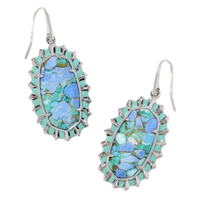 Kendra Scott Dani Silver Tone Color Burst Frame Drop Earrings in Bronze Veined Aqua Magnesite