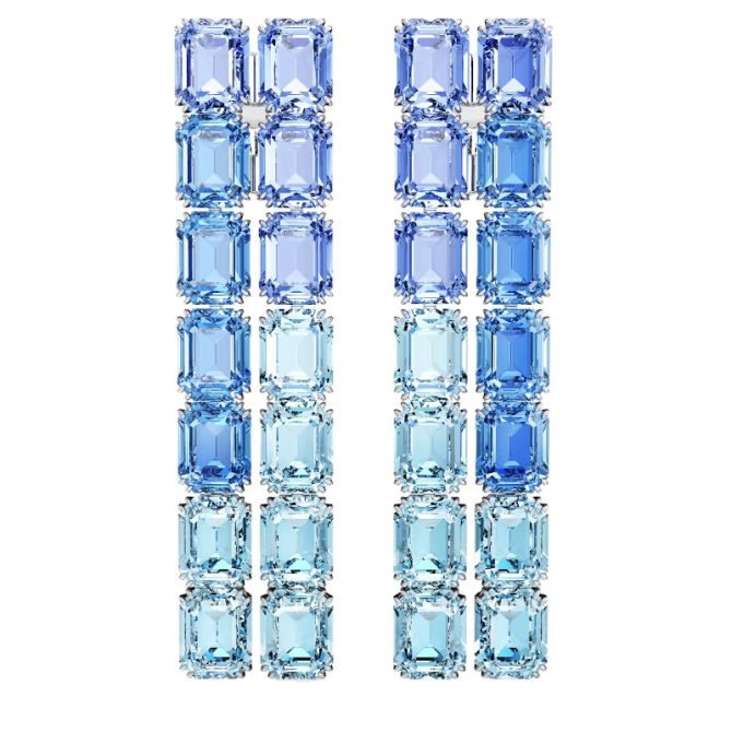 Swarovski Millenia Octagon Cut Clip Long Earrings, Blue Color Gradient and Rhodium Plated