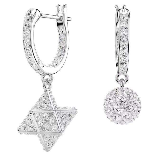 Swarovski Dextera Asymmetrical Design Round Cut Star and Sphere Drop Earrings, White and Rhodium Pla