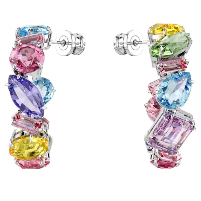 Swarovski Gema Asymmetrical Design Mixed Cuts Small Hoop Earrings, Multicolored and Rhodium Plated