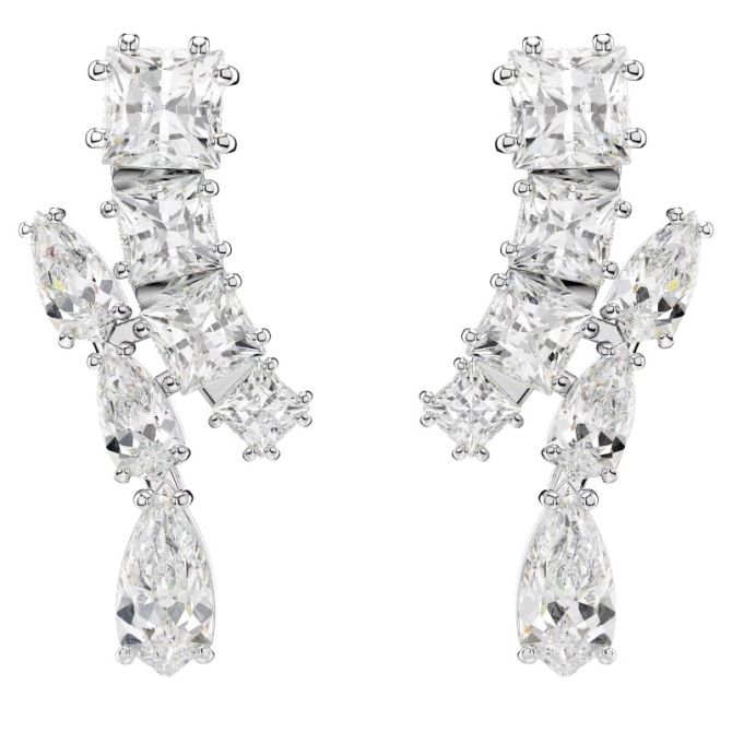 Swarovski Matrix Mixed Cuts Drop Earrings, White and Rhodium Plated