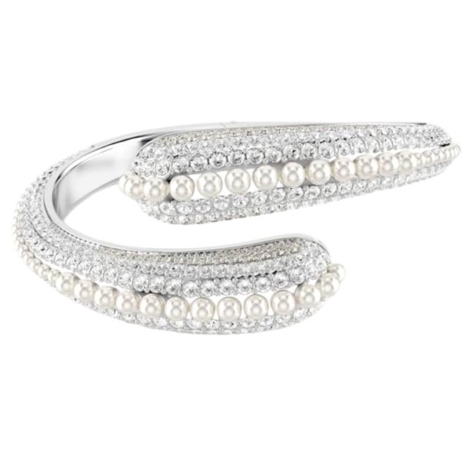 Swarovski Round Cut Crystal Pearl Sublima White and Rhodium Plated Cuff, Large