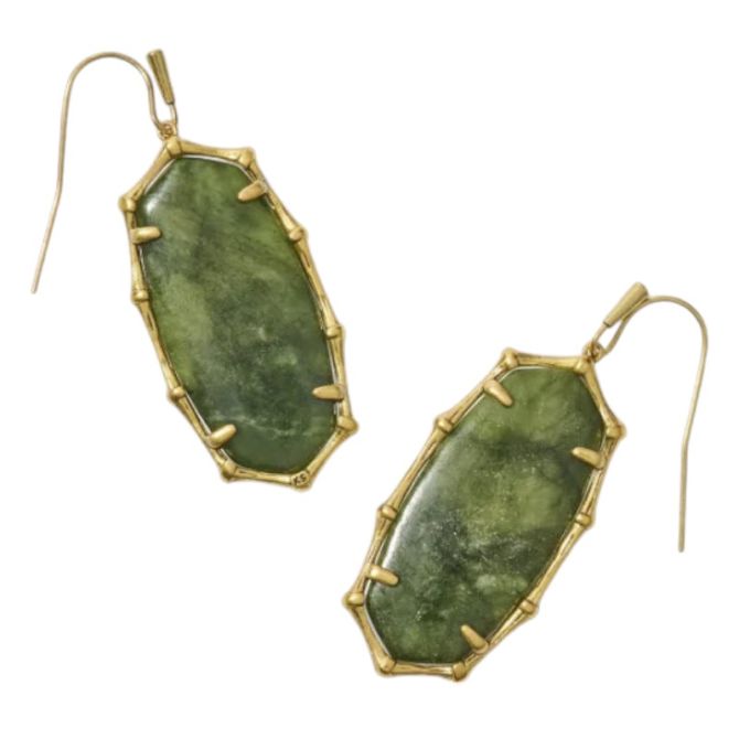 Kendra Scott Elle Vintage Yellow Gold Tone Bamboo Frame Drop Earrings in Sage Serpentine