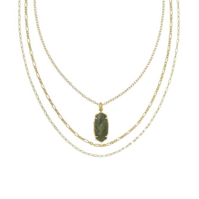 Kendra Scott Elle Vintage Yellow Gold Tone Bamboo Frame Triple Strand Necklace in Sage Serpentine