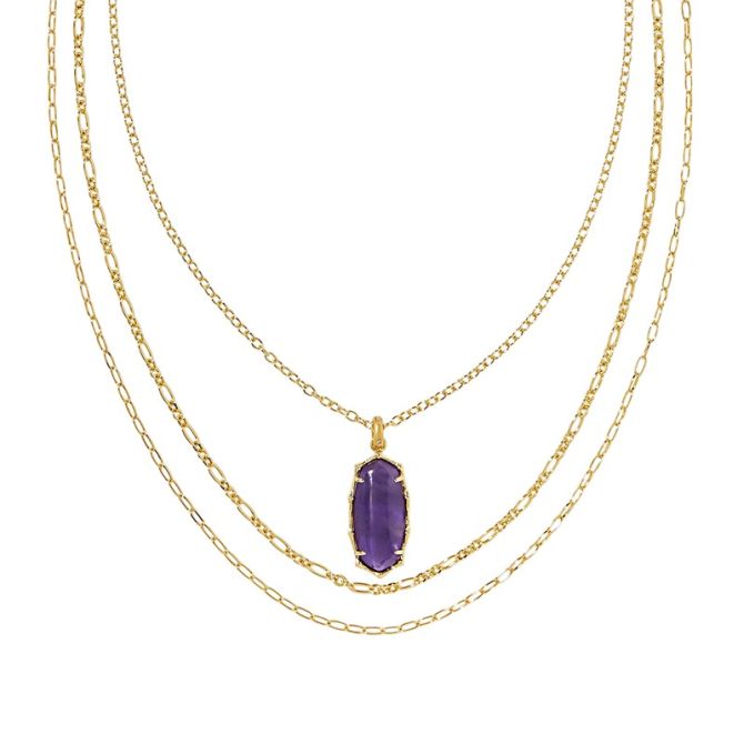 Kendra Scott Elle Yellow Gold Tone Bamboo Frame Triple Strand Necklace in Amethyst