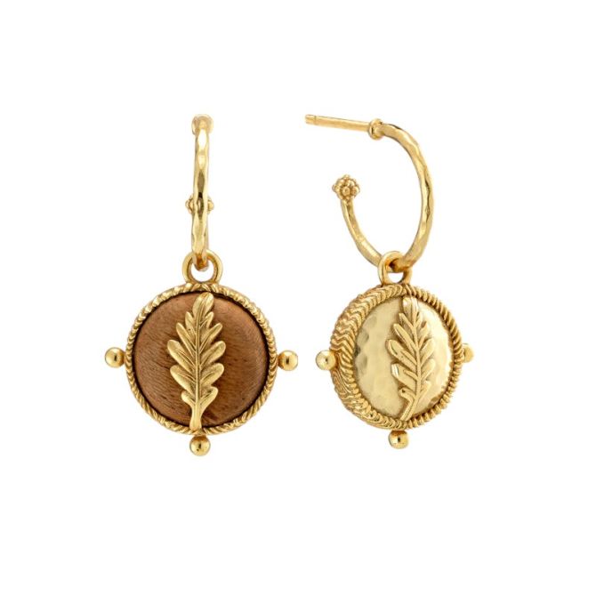 Capucine De Wulf Forest Walk Oak Leaf Earrings with Double Sided Charm, Teak and Yellow Gold Plated