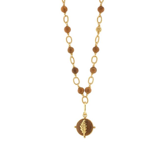 Capucine De Wulf Forest Walk Oak Leaf Double Sided Pendant, Teakwood and Yellow Gold Plated