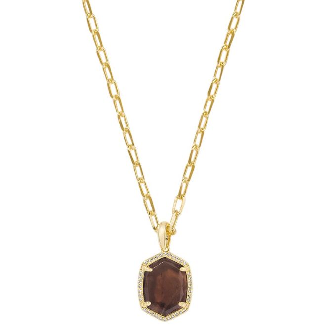 Kendra Scott Daphne Yellow Gold Tone Pave Frame Necklace in Smoky Quartz