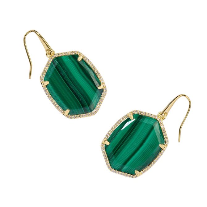 Kendra Scott Daphne Yellow Gold Tone Pave Frame Drop Earrings in Green Malachite