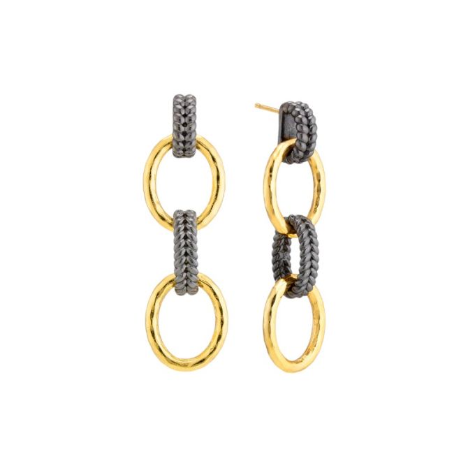 Capucine De Wulf Cleopatra Regal Double Link Earrings, Yellow Gold Plated and Midnight Black