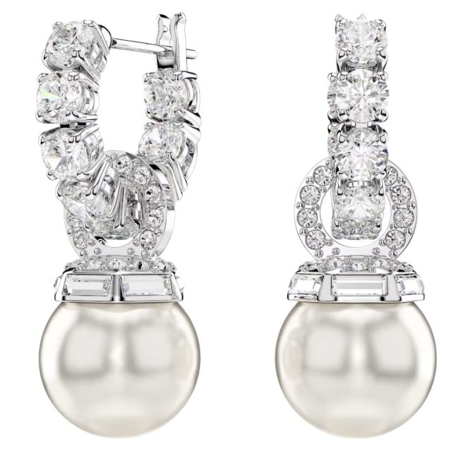 Swarovski Crystal Pearl Round Cut Matrix Drop Earrings, White and Rhodium Plated