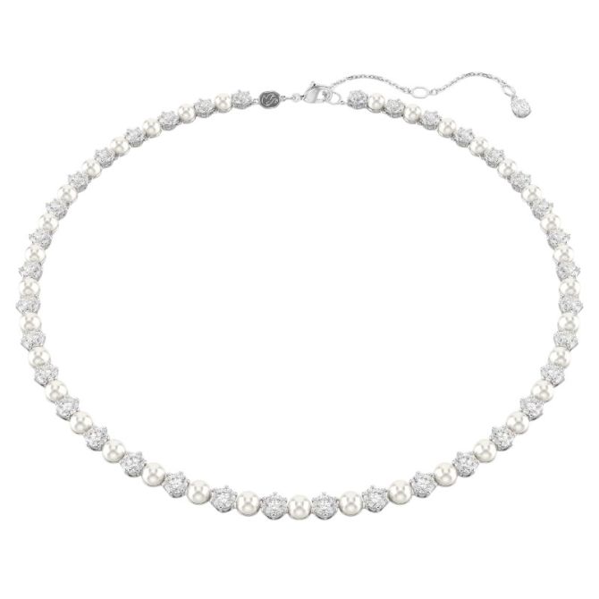 Swarovski Crystal Pearl Round Cut Matrix Tennis Necklace, White and Rhodium Plated