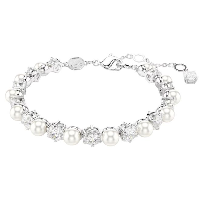 Swarovski Crystal Pearl Round Cut Matrix Tennis Bracelet, White and Rhodium Plated