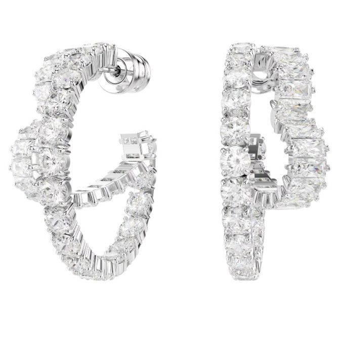 Swarovski Mixed Cuts Matrix Hoop Heart Earrings, White and Rhodium Plated