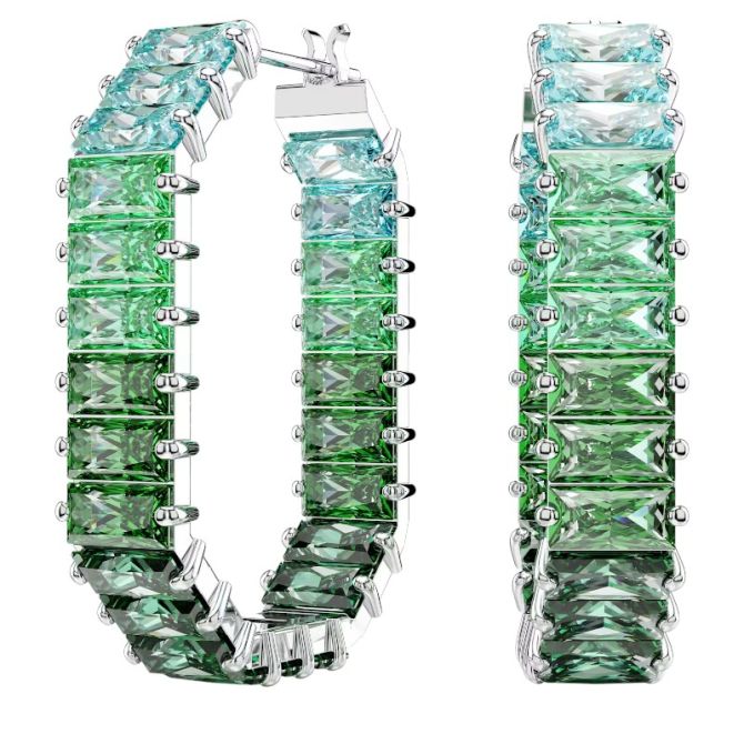 Swarovski Baguette Cut Matrix Hoop Earrings, Green and Rhodium Plated