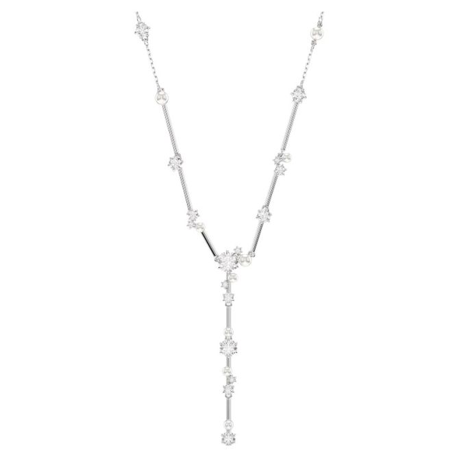 Swarovski Crystal Pearl Round Cuts Constella Y Necklace, White and Rhodium Plated