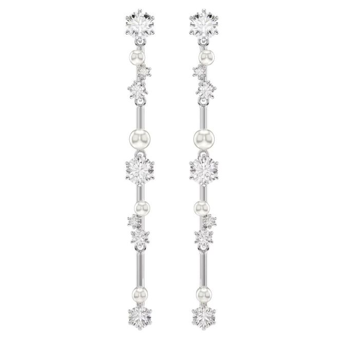 Swarovski Crystal Pearl Round Cut Constella Drop Earrings, White and Rhodium Plated