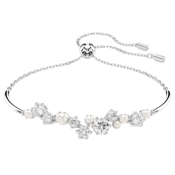 Swarovski Crystal Pearl Round Cuts Constella Bangle, White and Rhodium Plated