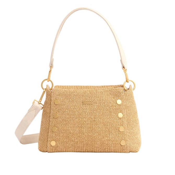 Hammitt Bryant Medium Top Handle Bag, Calla Lily White Raffia and Brushed Gold hardware