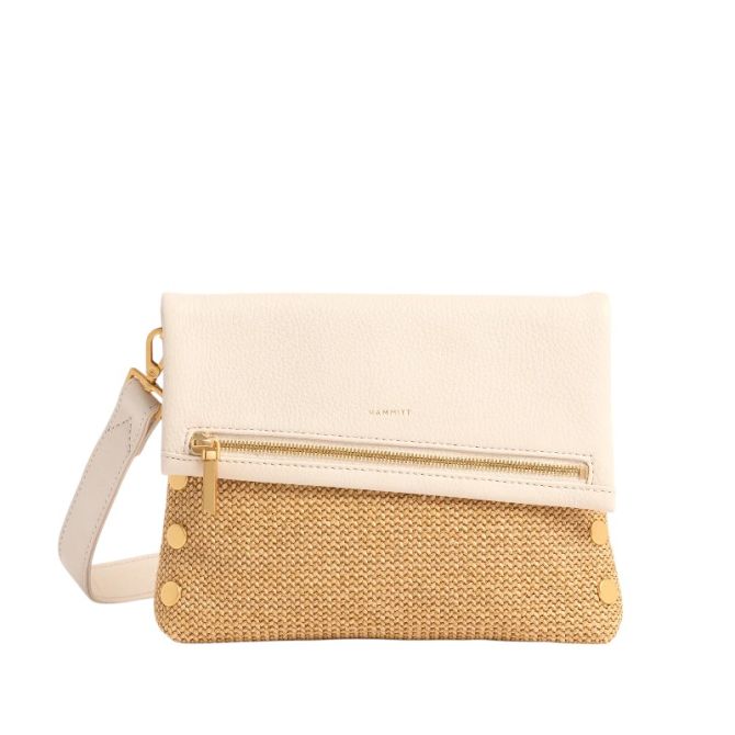 Hammitt VIP Medium Crossbody, Calla Lily White Raffia and Brushed Gold Hardware