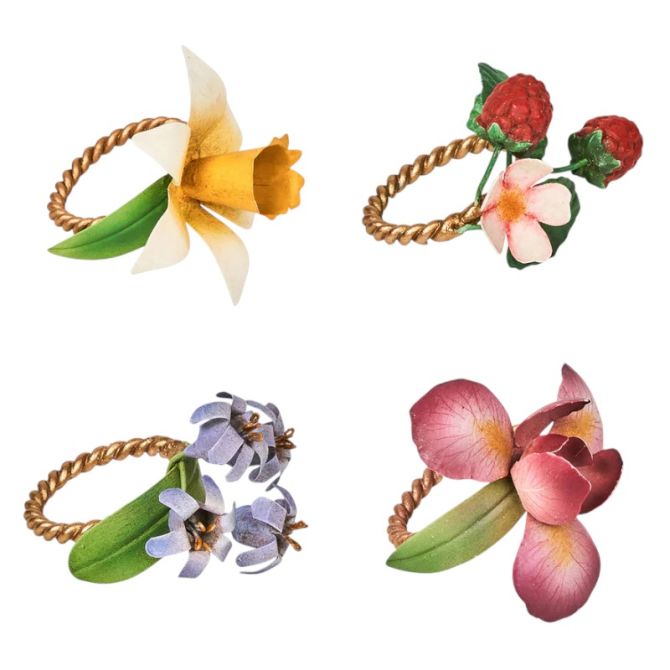 Juliska Meadow Walk Floral Set of 4 Napkin Rings, Assorted Set