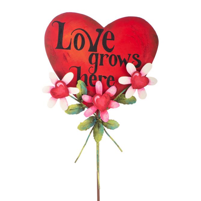 Love Grows Here Heart Floral Stake