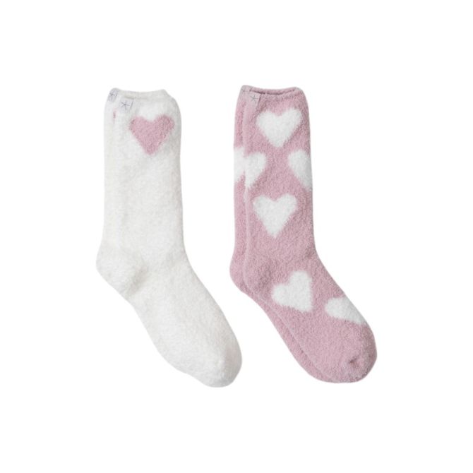 Barefoot Dreams Cozychic Heart Print Sock Set, Pink Peony and Pearl