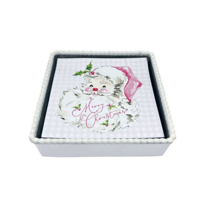 Mariposa Pink Santa White Beaded Napkin Box