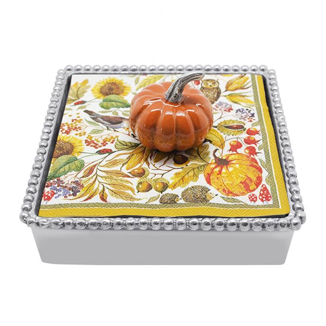 Mariposa Beaded Napkin Box with Orange Pumpkin Weight & Napkins