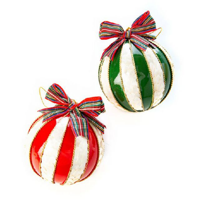 MacKenzie-Childs Red and Green Stripe Ball Ornaments, Set of 2