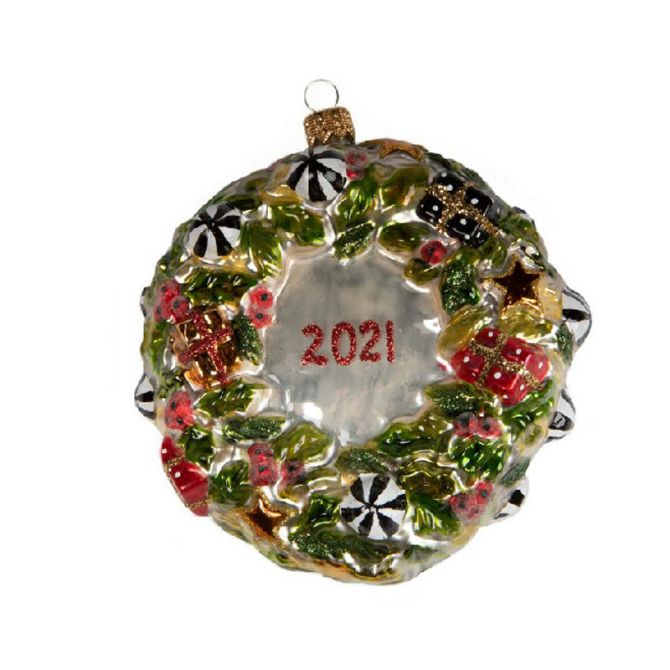 MacKenzie-Childs Glass Ornament, Jolly Dated Wreath