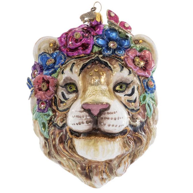 Jay Strongwater Tiger with Flower Crown Ornament