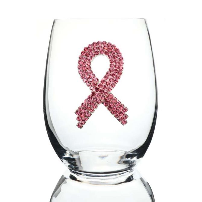 The Queens' Jewels Pink Ribbon Jeweled Stemless Wine Glass